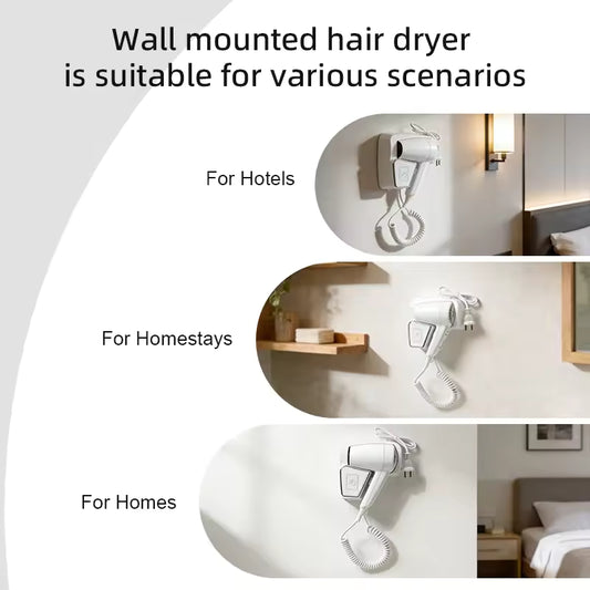 Electric 1200W Low Noise Wall-Mounted Professional DC Motor Negative Ionic Hair Dryer 2 Speeds 75m3/h Airflow