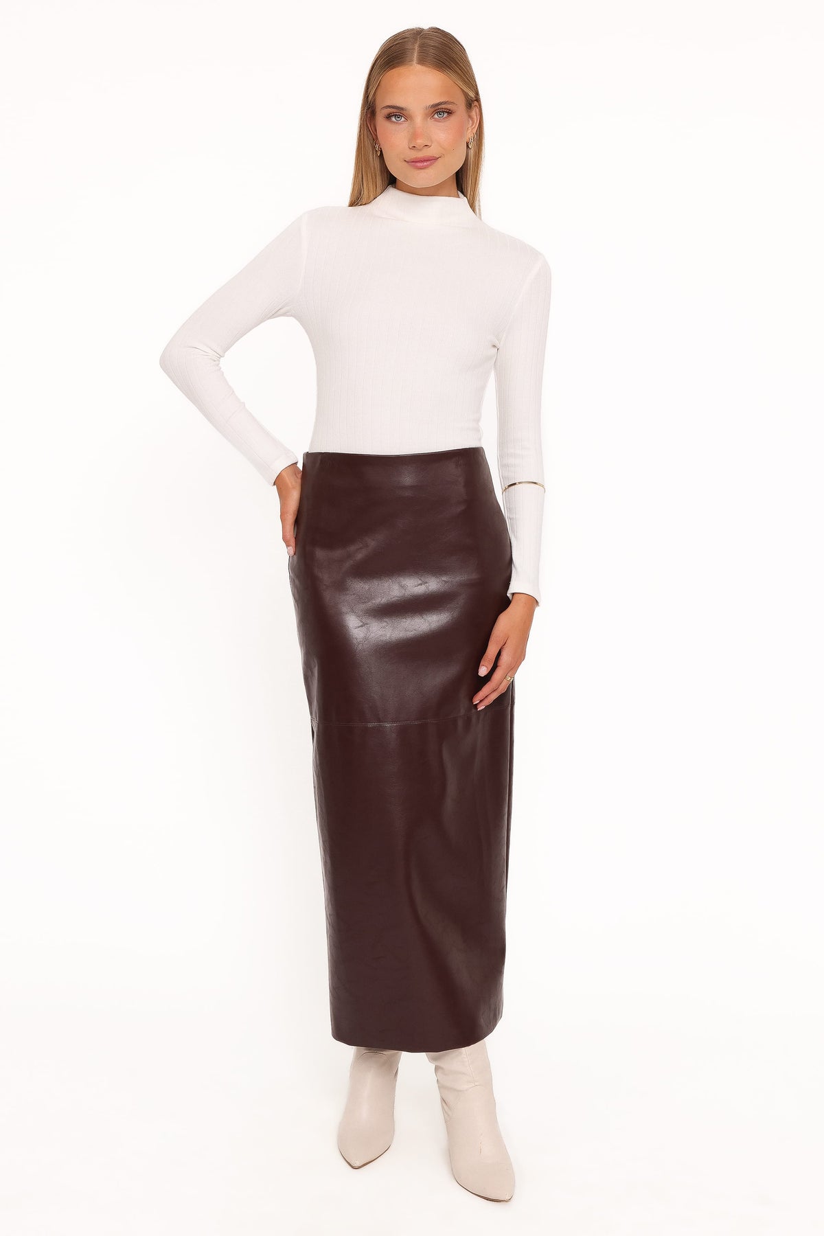 Koda Faux Leather Column Skirt - Burgundy