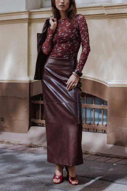 Koda Faux Leather Column Skirt - Burgundy