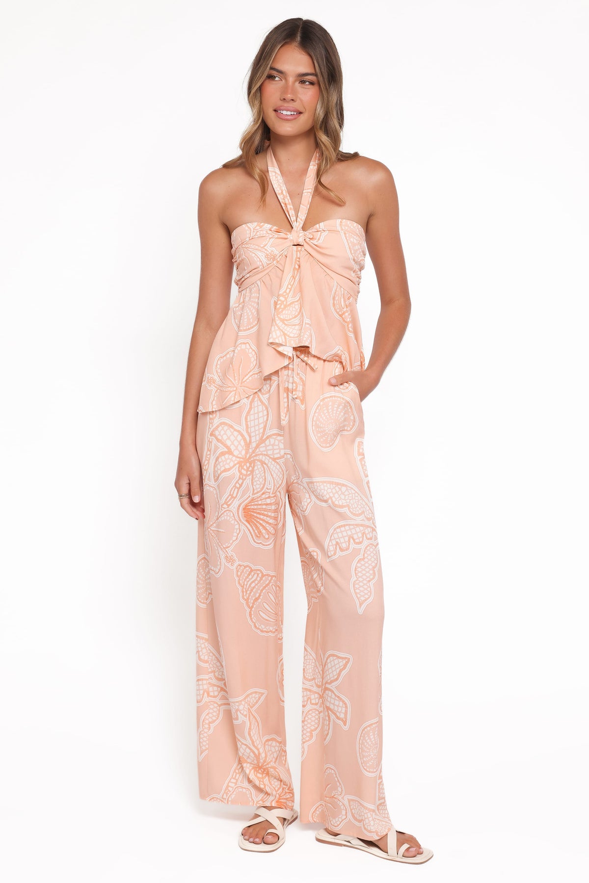 Lira Tie Waist Pant - Peach Floral