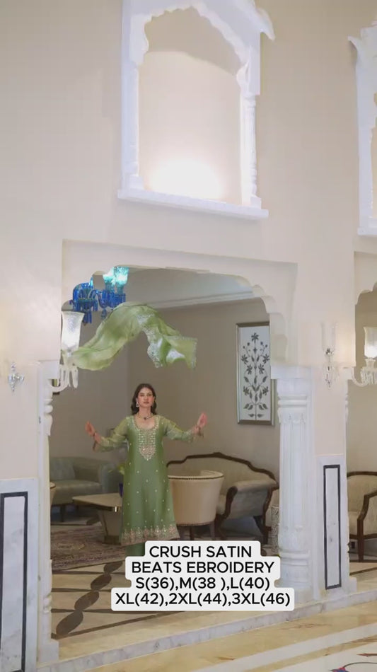 Elegant Sage Green Embroidered Crush Satin 3-Piece Suit with Dupatta