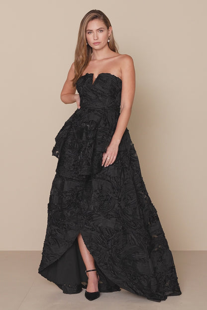 Majestic Glam Black Strapless Textured High-Low Maxi Dress
