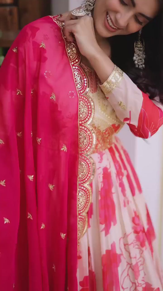 Elegant Pink & Ivory Floral Printed Anarkali Gown with Embroidered Dupatta
