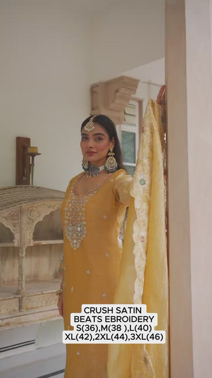 Elegant Sage Green Embroidered Crush Satin 3-Piece Suit with Dupatta Yellow