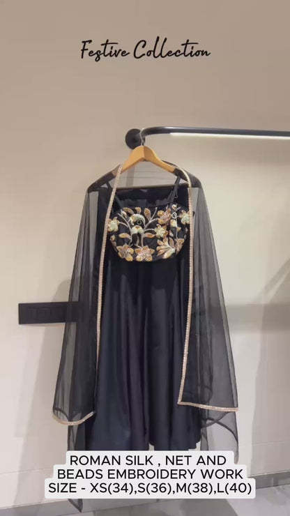 Elegant Black Roman Silk Lehenga with Heavy Beads Embroidery & Net Dupatta | Black