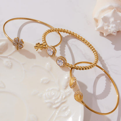 18K Gold Plated Stainless Steel CZ Flower Open Bangle Cuff Bracelet