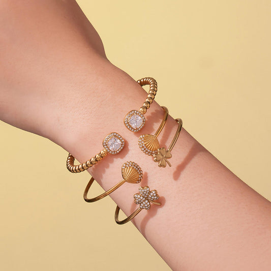 18K Gold Plated Stainless Steel CZ Flower Open Bangle Cuff Bracelet