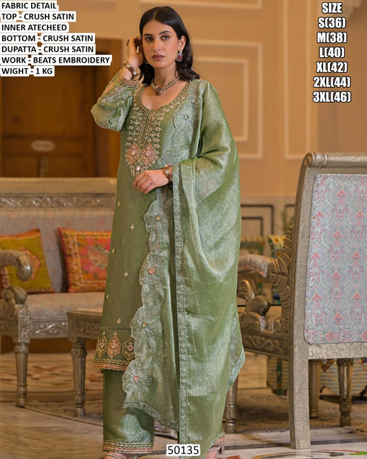 Elegant Sage Green Embroidered Crush Satin 3-Piece Suit with Dupatta