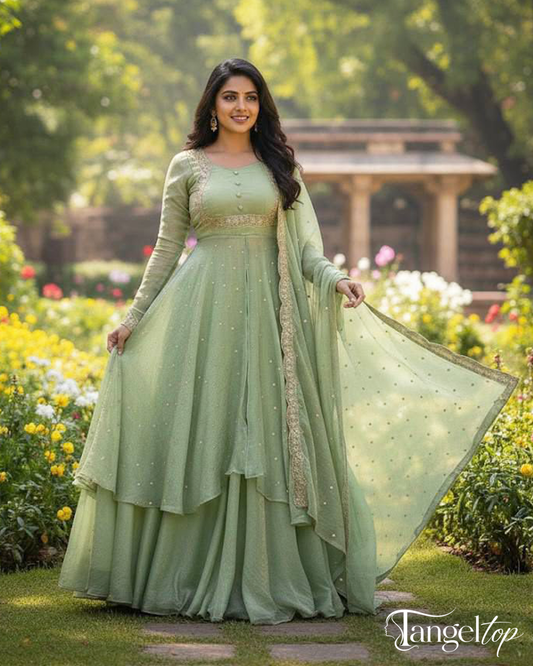 Elegant Sage Green Embroidered Anarkali Gown with Dupatta