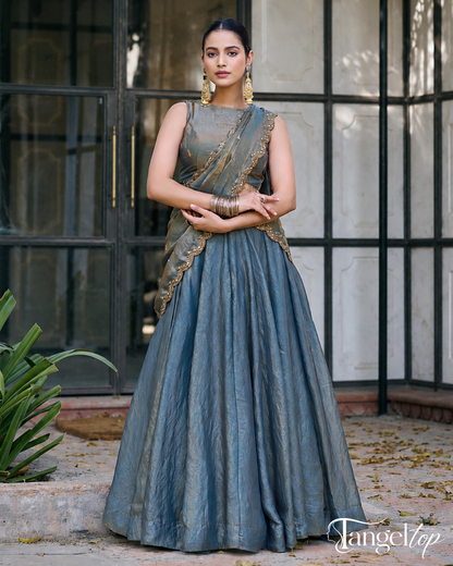 Elegant Steel Blue Draped Anarkali Gown with Embroidered Border