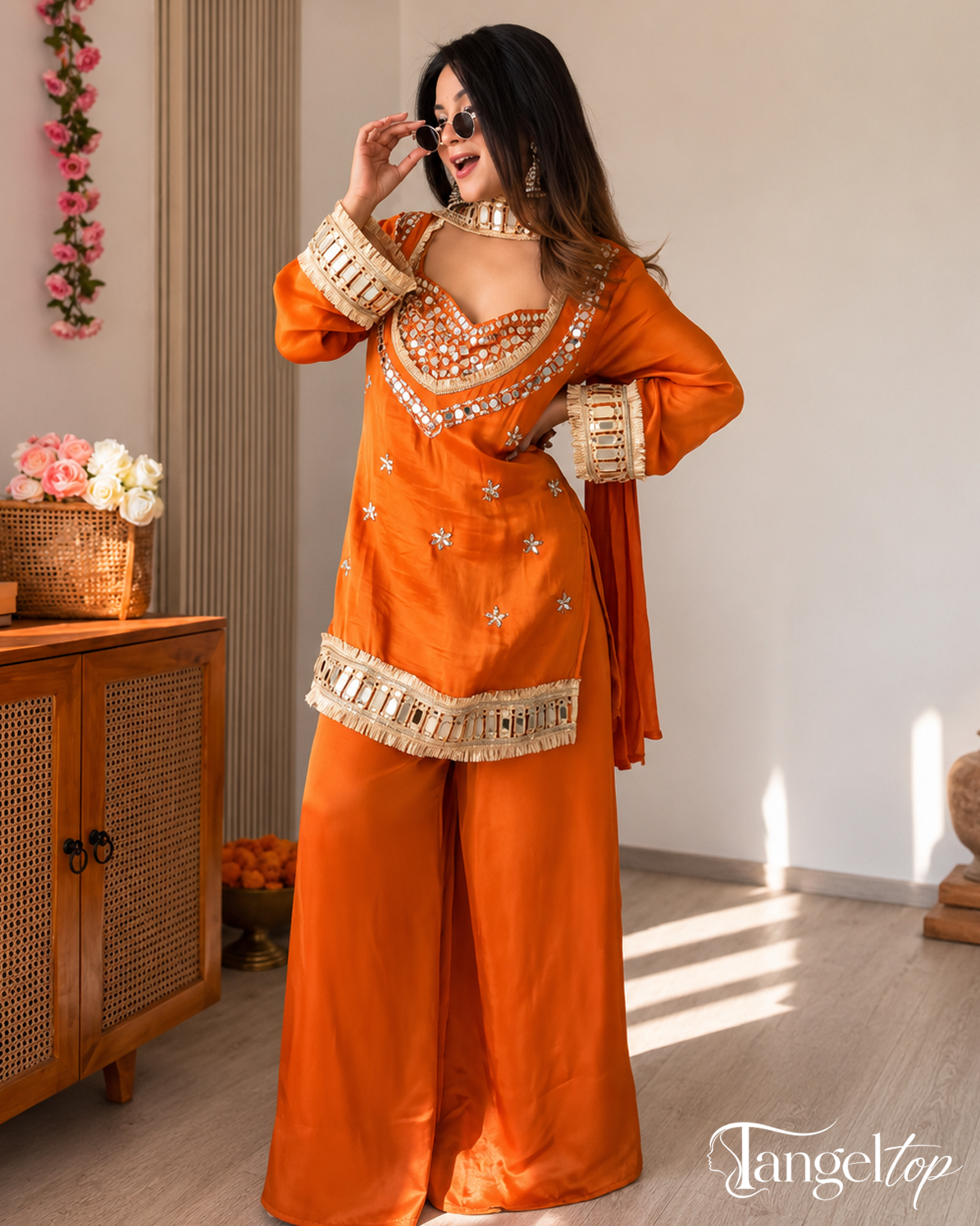 Royal Orange Embroidered Kurta Palazzo Set with Dupatta