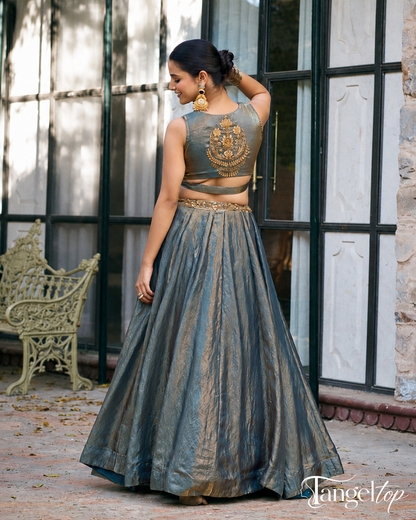 Elegant Steel Blue Draped Anarkali Gown with Embroidered Border