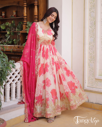 Elegant Pink & Ivory Floral Printed Anarkali Gown with Embroidered Dupatta