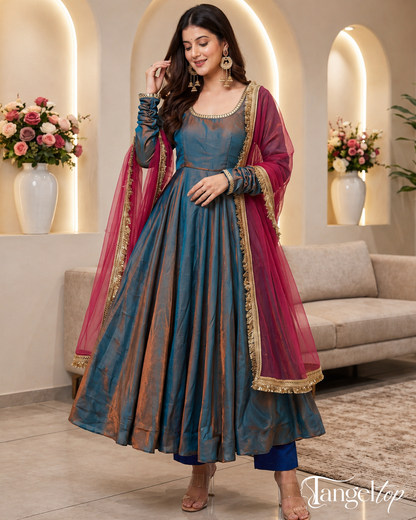 Elegant Teal Blue Anarkali Gown with Wine Sheer Dupatta & Golden Border | TangelTop