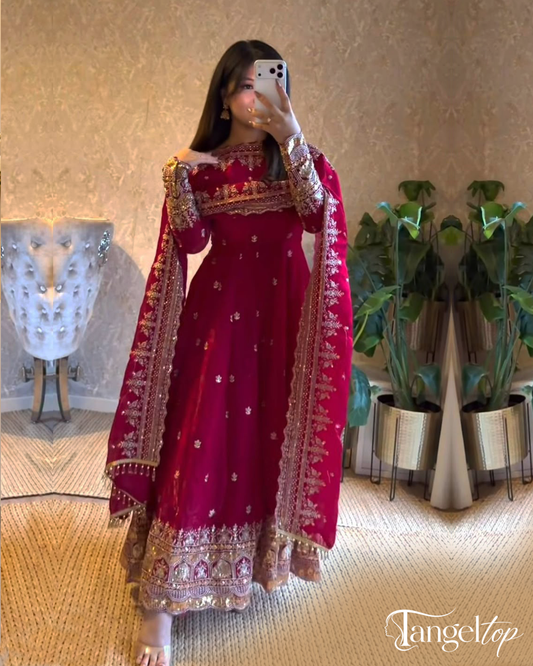 Royal Wine Red Embroidered Anarkali Suit with Designer Dupatta