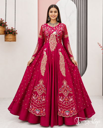 Royal Magenta Embroidered Peacock Anarkali Gown with Flared Skirt