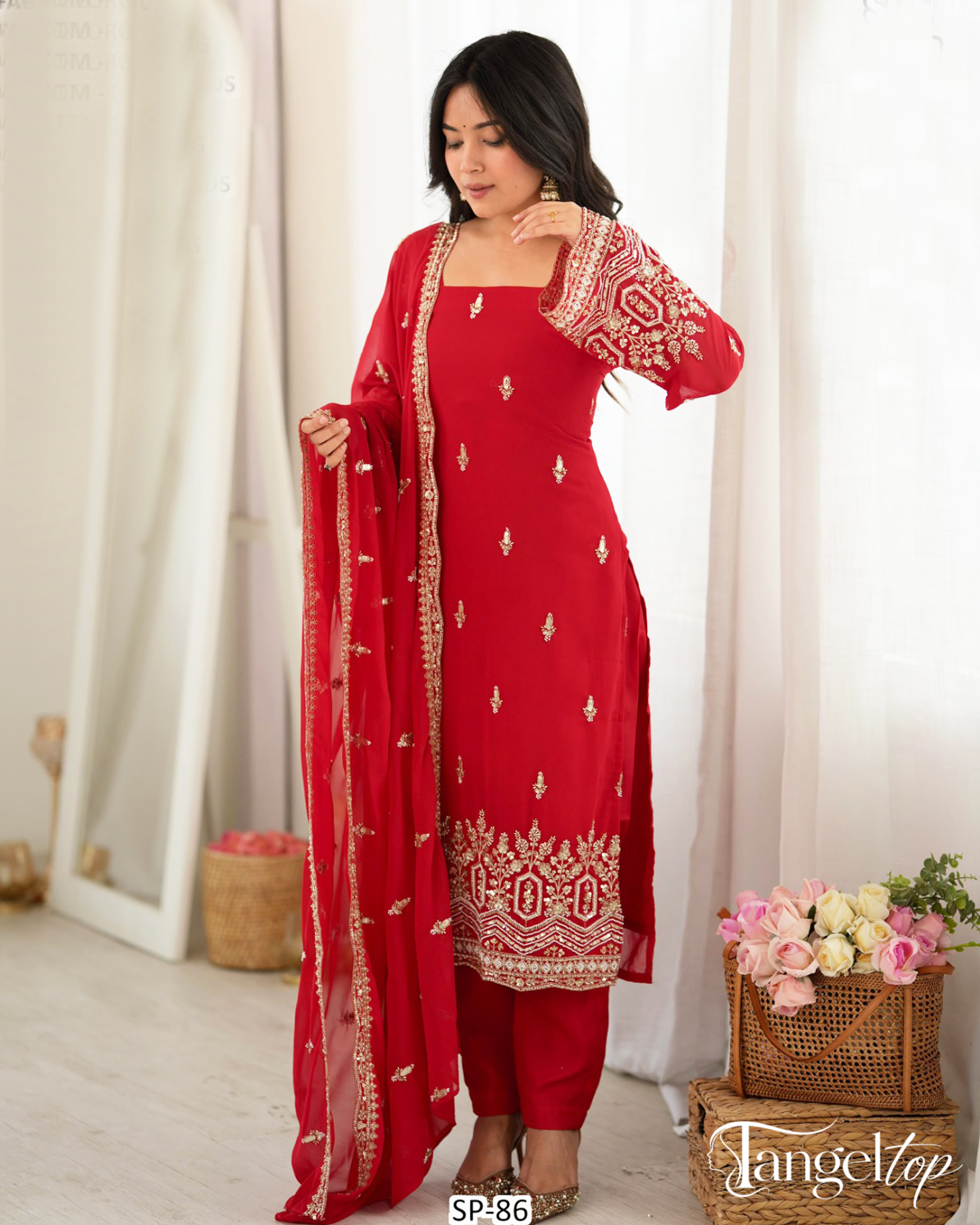 Elegant Red Embroidered Straight Kurta Pant Set with Dupatta