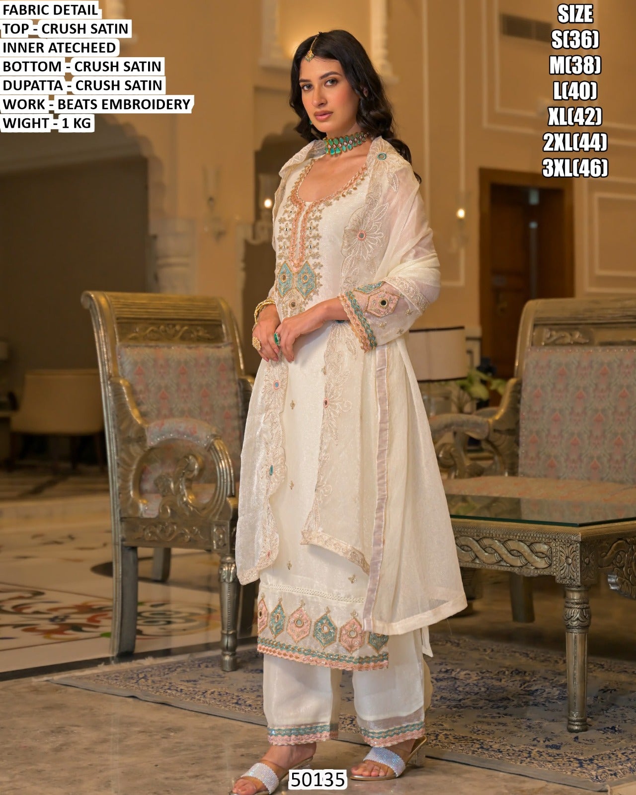 Elegant Sage Green Embroidered Crush Satin 3-Piece Suit with Dupatta White