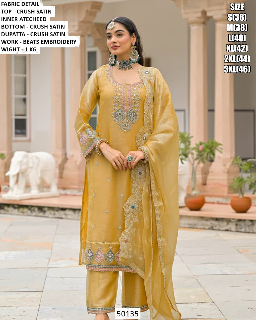 Elegant Sage Green Embroidered Crush Satin 3-Piece Suit with Dupatta Yellow