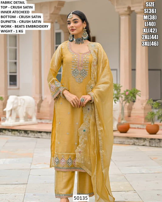 Elegant Sage Green Embroidered Crush Satin 3-Piece Suit with Dupatta Yellow