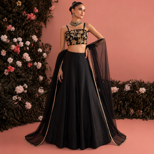 Elegant Black Roman Silk Lehenga with Heavy Beads Embroidery & Net Dupatta | Black